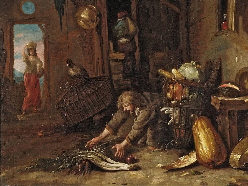 1619-Willem Kalf - Interno di una fattoria con un giovane che raccoglie verdure